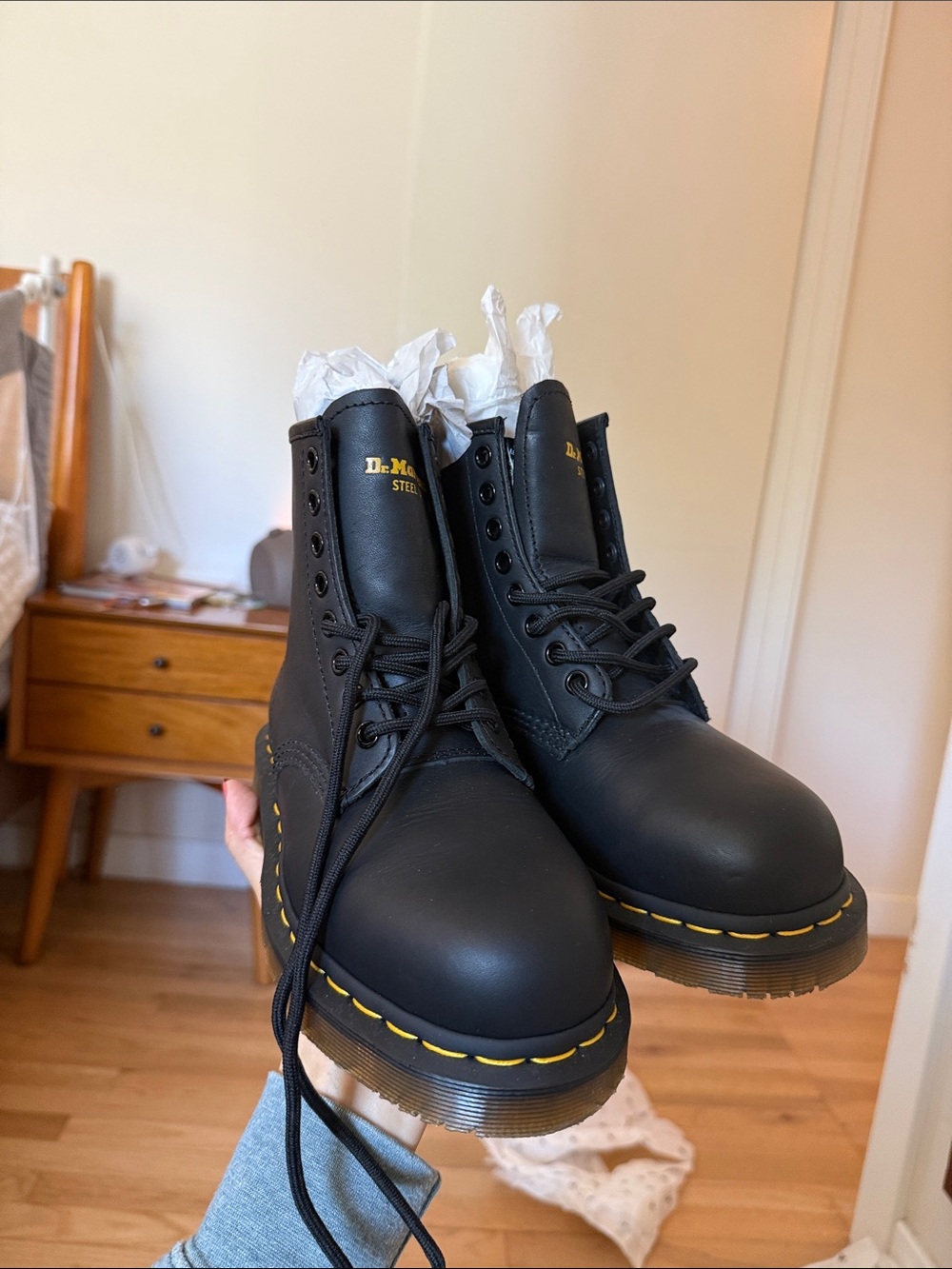 Dr. Martens Black Leather 1460 SR ST NWT 8-Eye Boots with Yellow Stitching. NIB